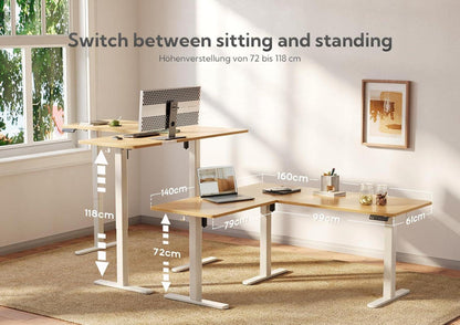 Höhenverstellbarer Eckschreibtisch L-Form 160x140 cm Dual-Motor Beige