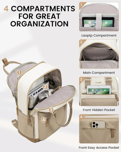 Rucksack Damen 15,6 Zoll Laptop Schulrucksack Wasserdicht Beige