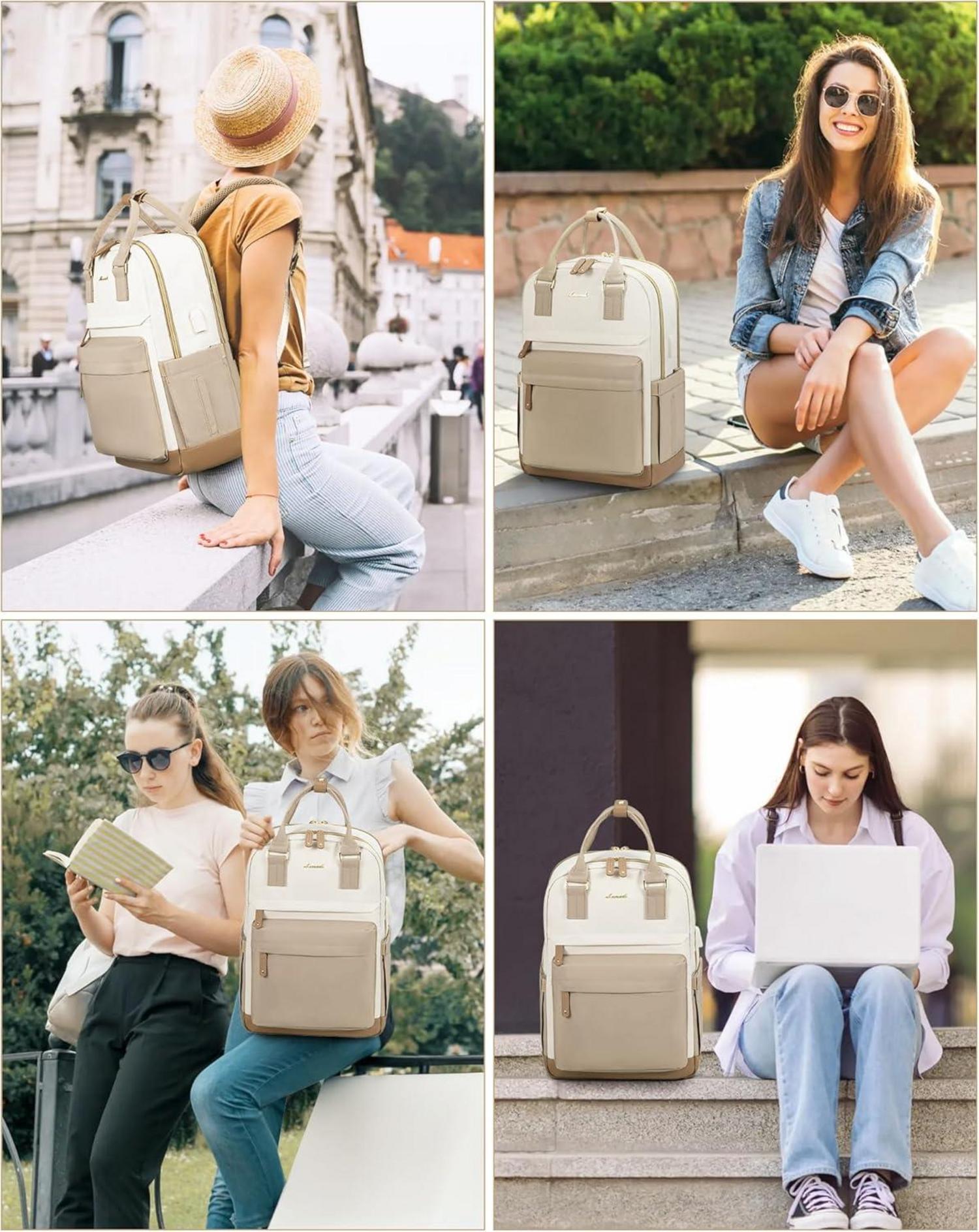 Rucksack Damen 15,6 Zoll Laptop Schulrucksack Wasserdicht Beige