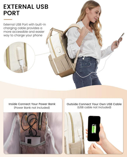 Damen Rucksack 15,6 Zoll Laptop Schulrucksack Reiserucksack Beige