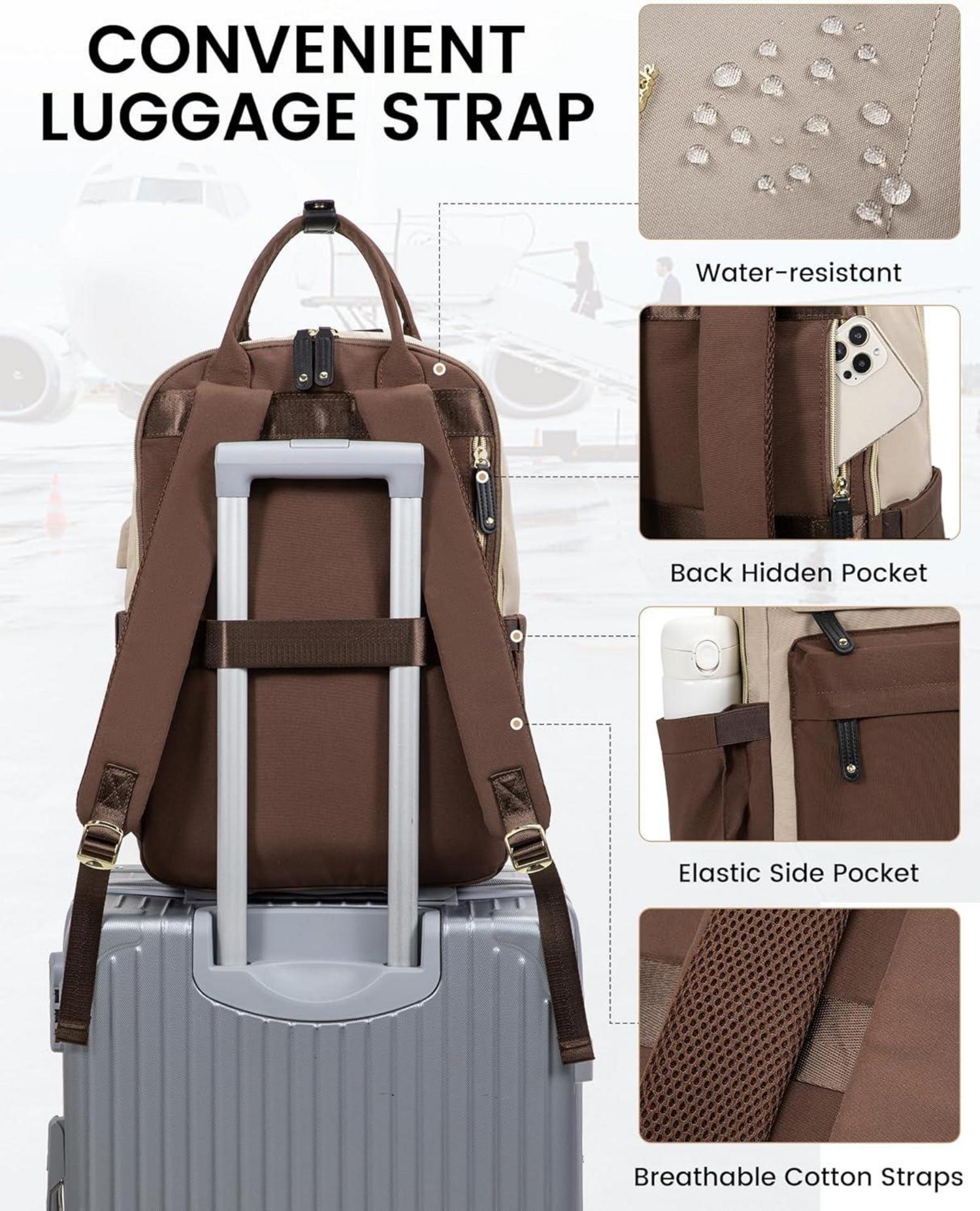 LOVEVOOK Damen Arbeitstasche Rucksack 15,6 Zoll Laptop Schulrucksack Wasserdicht Braun
