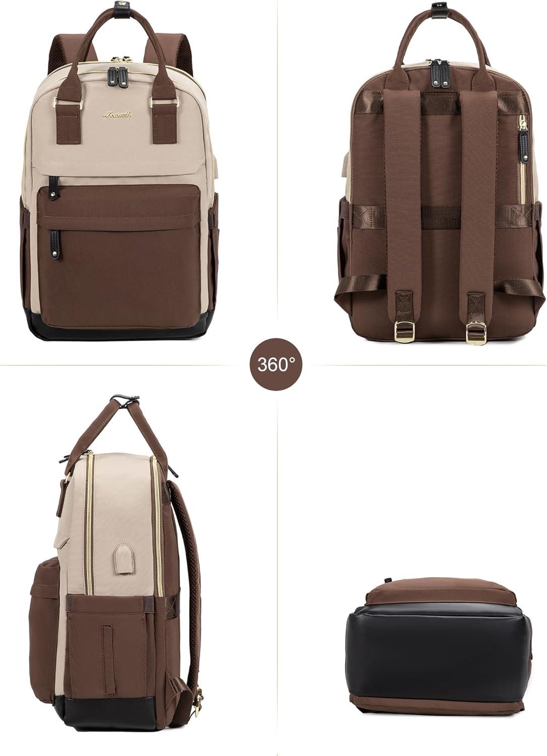 LOVEVOOK Damen Arbeitstasche Rucksack 15,6 Zoll Laptop Schulrucksack Wasserdicht Braun