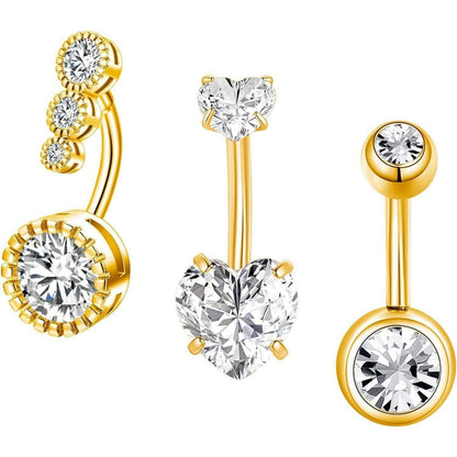 3er Set Bauchnabelpiercing Edelstahl Zirkonia Gold 8mm