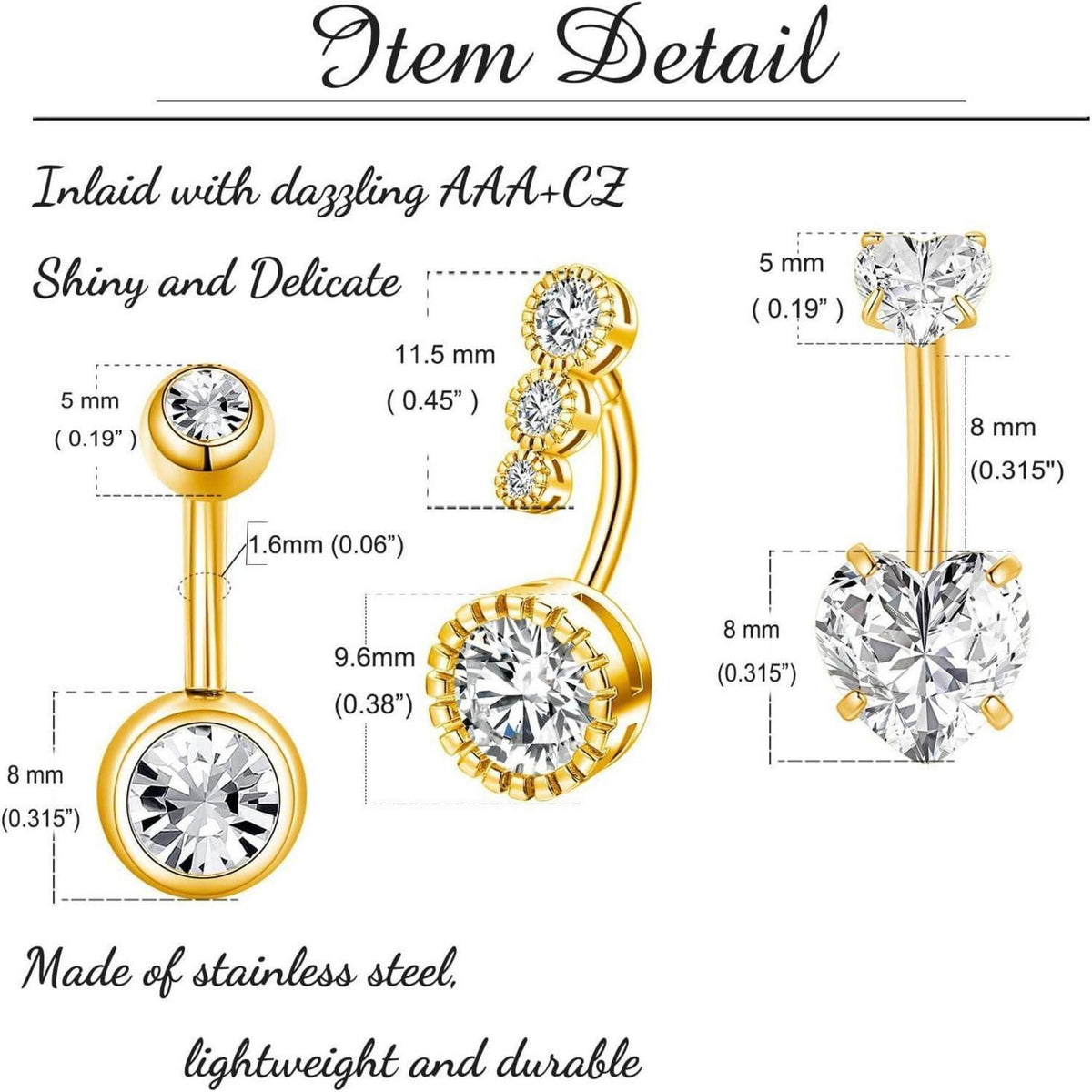 3er Set Bauchnabelpiercing Edelstahl Zirkonia Gold 8mm