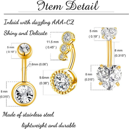 3er Set Bauchnabelpiercing Edelstahl Zirkonia Gold 8mm
