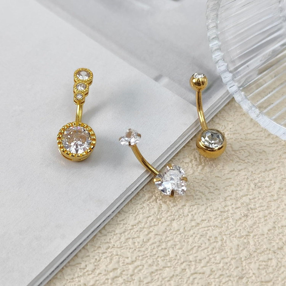 3er Set Bauchnabelpiercing Edelstahl Zirkonia Gold 8mm