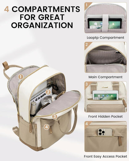 Rucksack Damen 17 Zoll Laptop Schulrucksack Wasserdicht Elegant Beige