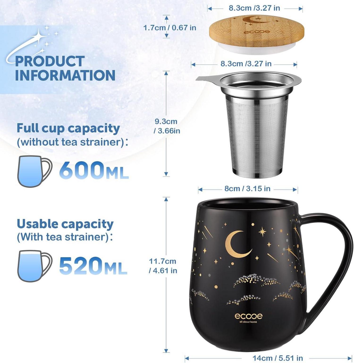 Teetasse mit Sieb und Deckel 600ml Keramik Tee Schwarz