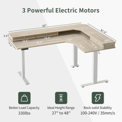 Elektrischer Schreibtisch Höhenverstellbar 3 Motoren L-Form