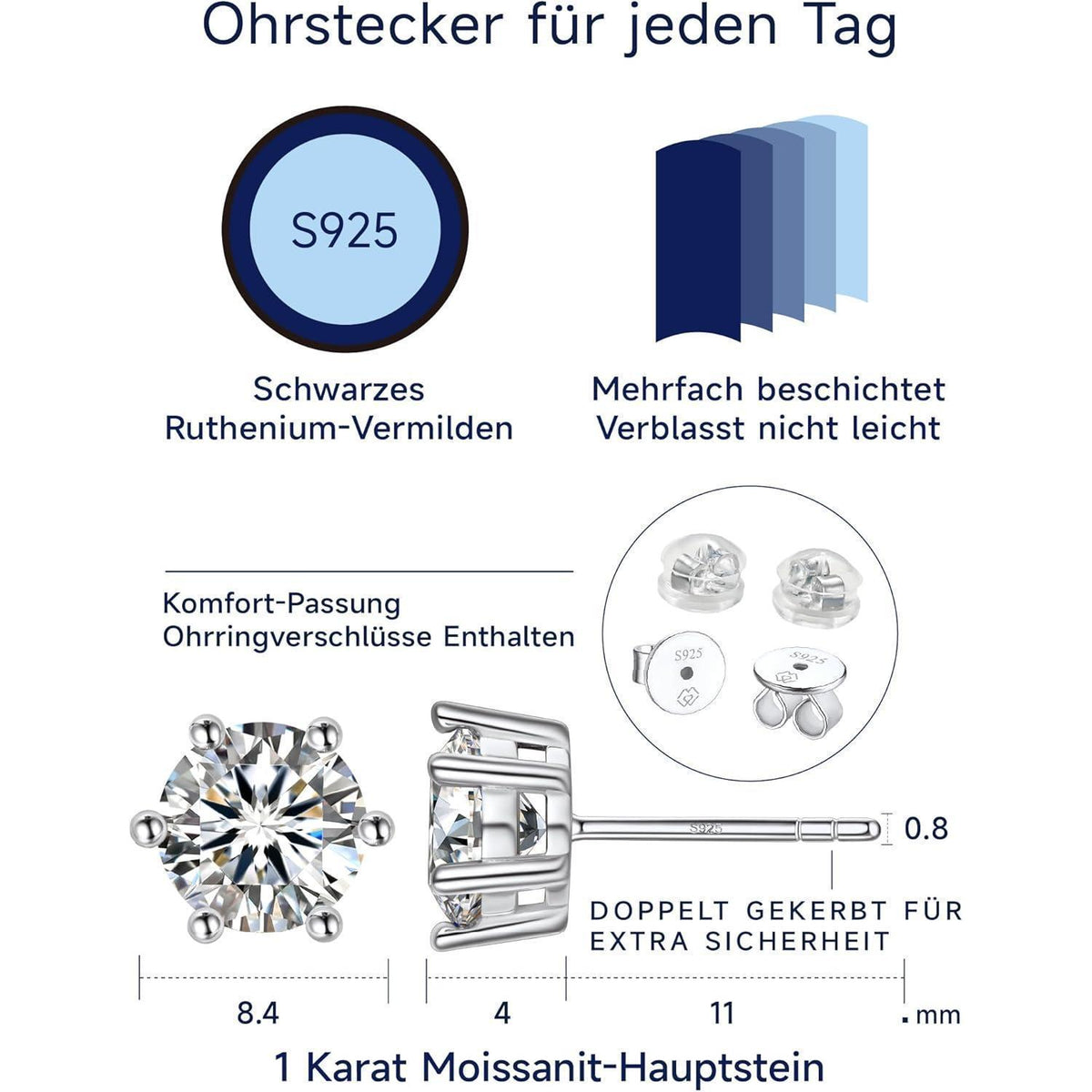 Moissanit Ohrstecker Silber 925 4 Karat 6-Zacken-Fassung Geschenk für Frauen