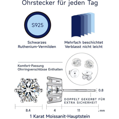 Moissanit Ohrstecker Silber 925 4 Karat 6-Zacken-Fassung Geschenk für Frauen