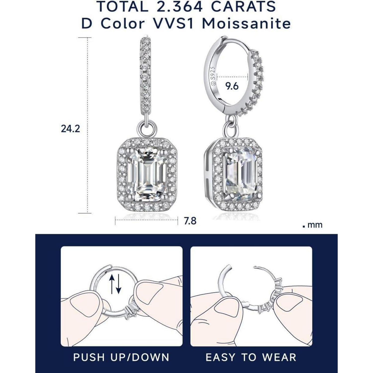 Creolen mit Moissanit Anhänger, 2 Karat Diamant, Silber 925, Romantisches Geschenk