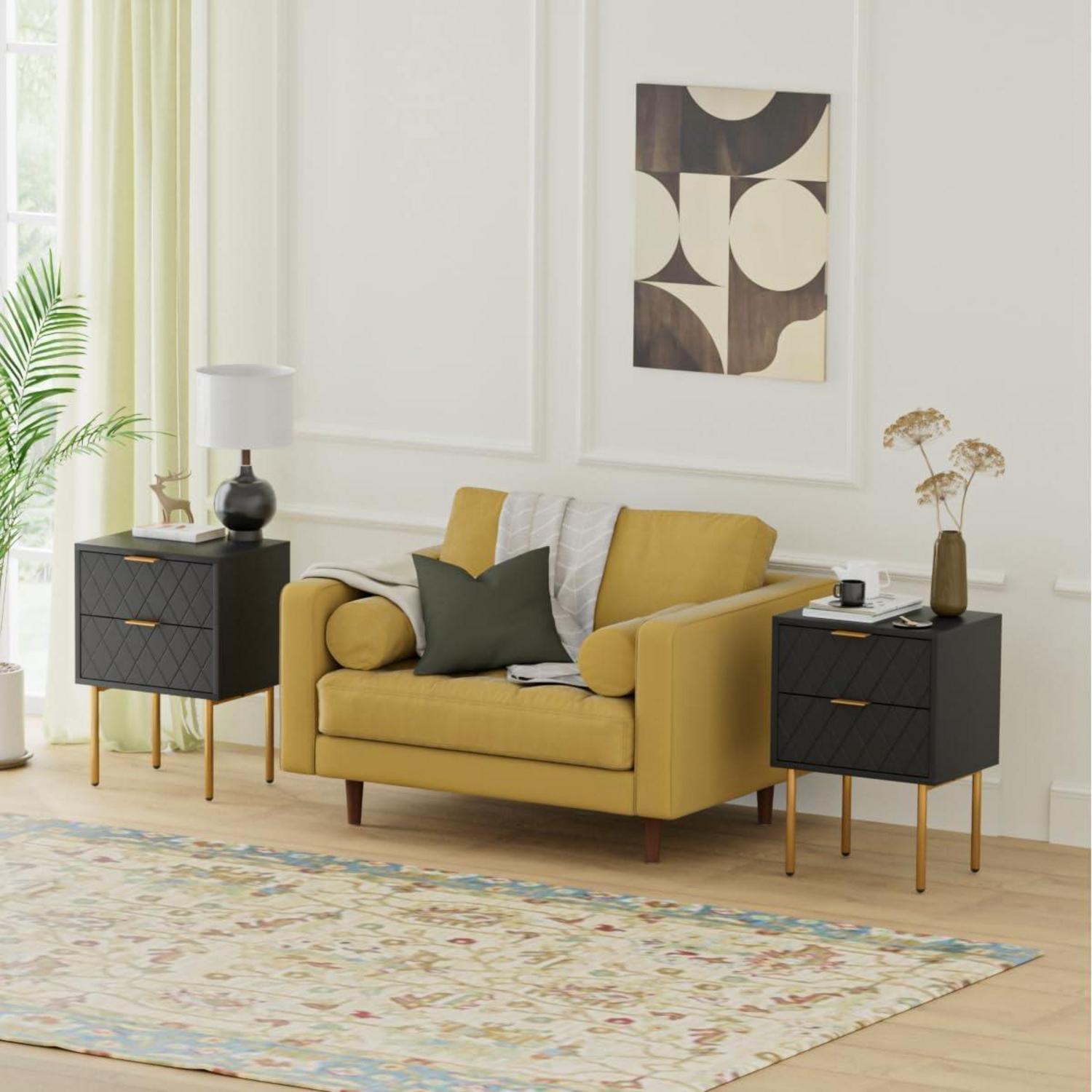 Moderne Nachtkommode mit 2 Schubladen, Schwarz/Gold
