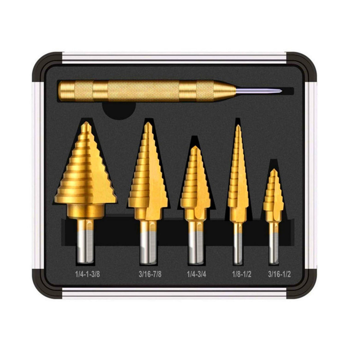 Stufenbohrer-Set mit Körner, HSS Titan, 50 Größen, inkl. Koffer