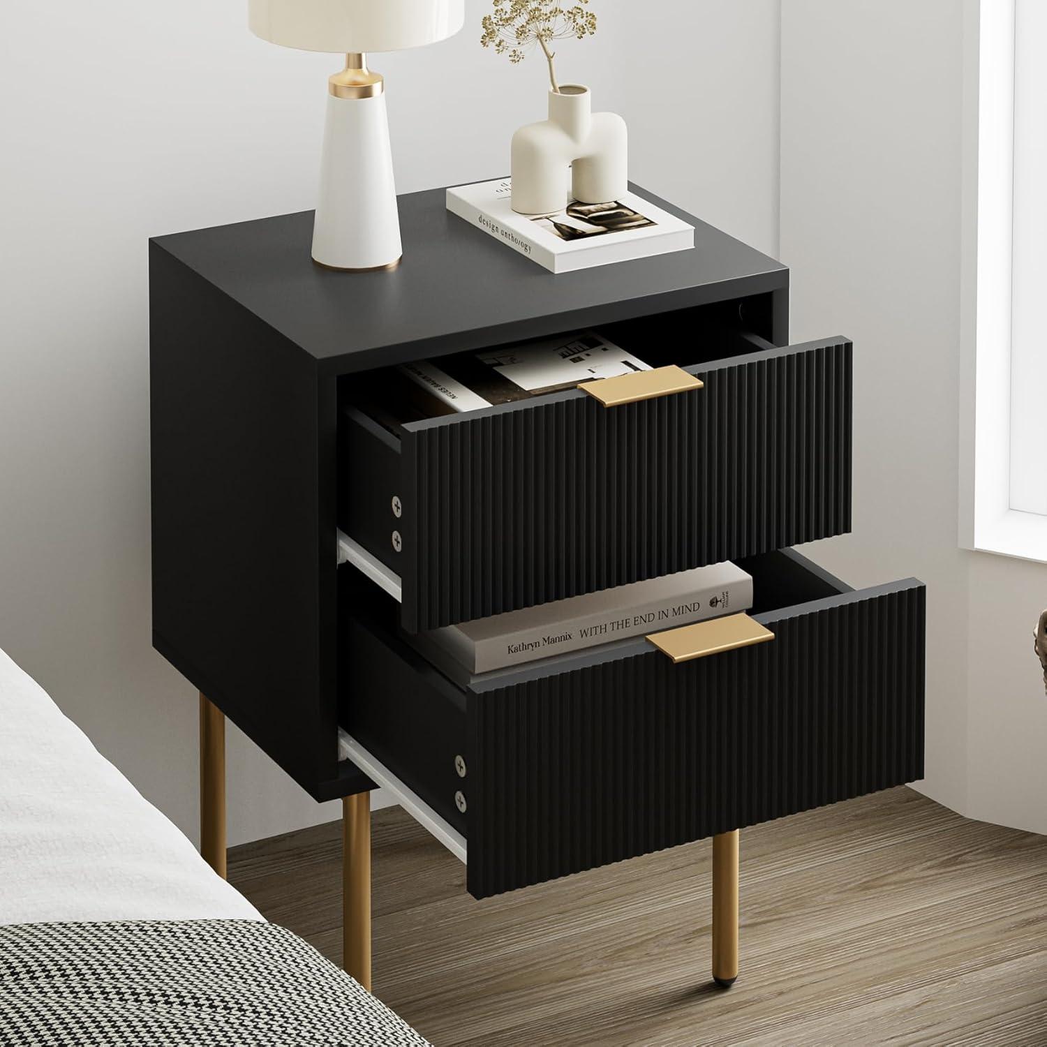 Schwarzer Nachttisch mit 2 Schubladen, Moderne Nachtkommode in Schwarz und Gold