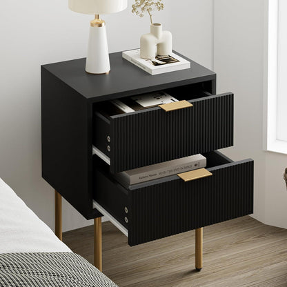 Schwarzer Nachttisch mit 2 Schubladen, Moderne Nachtkommode in Schwarz und Gold