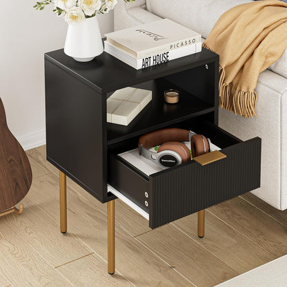 Nachttisch mit Schublade und offenen Ablagen, Schwarz/Gold, Modern, Boho