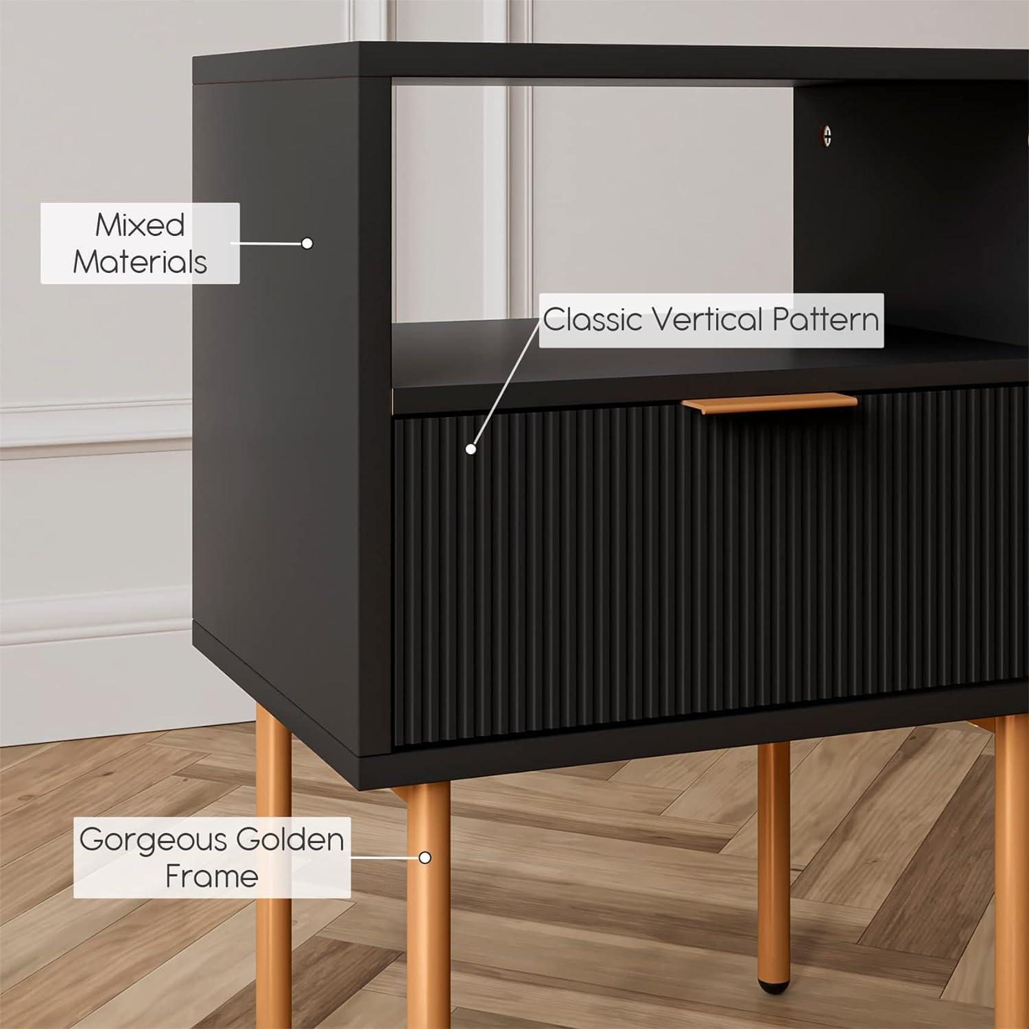 Nachttisch Schwarz Gold 1 Schublade offene Ablage Modern Boho