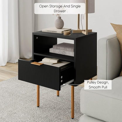 Nachttisch mit Schublade und offenen Ablagen, Schwarz/Gold, Modern, Boho