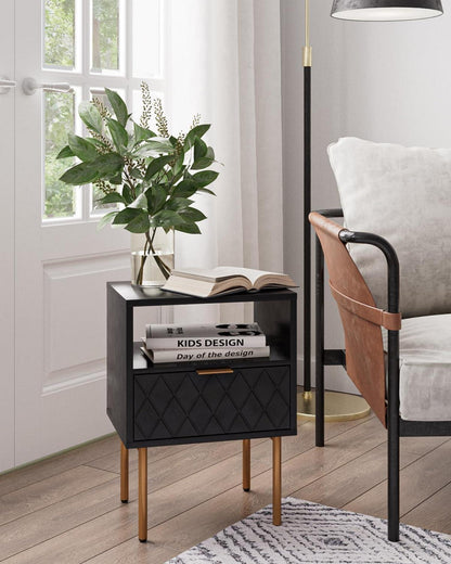 Nachttisch mit offener Ablage und Schublade, Schwarz-Gold, modern