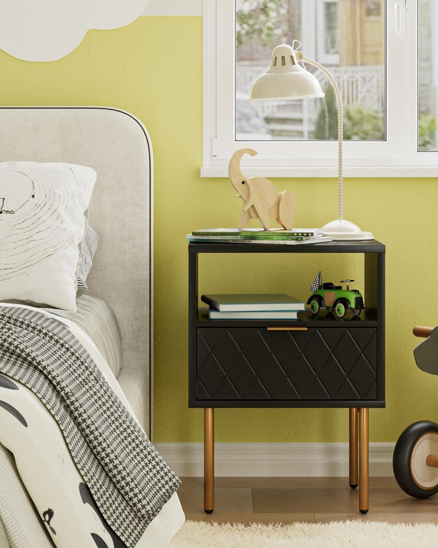 Nachttisch mit offenem Regal und Schublade, Modern, Schwarz/Gold