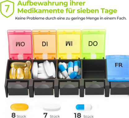 Tablettenbox 7 Tage Pillendose Medikamentenbox große Fächer Schwarz