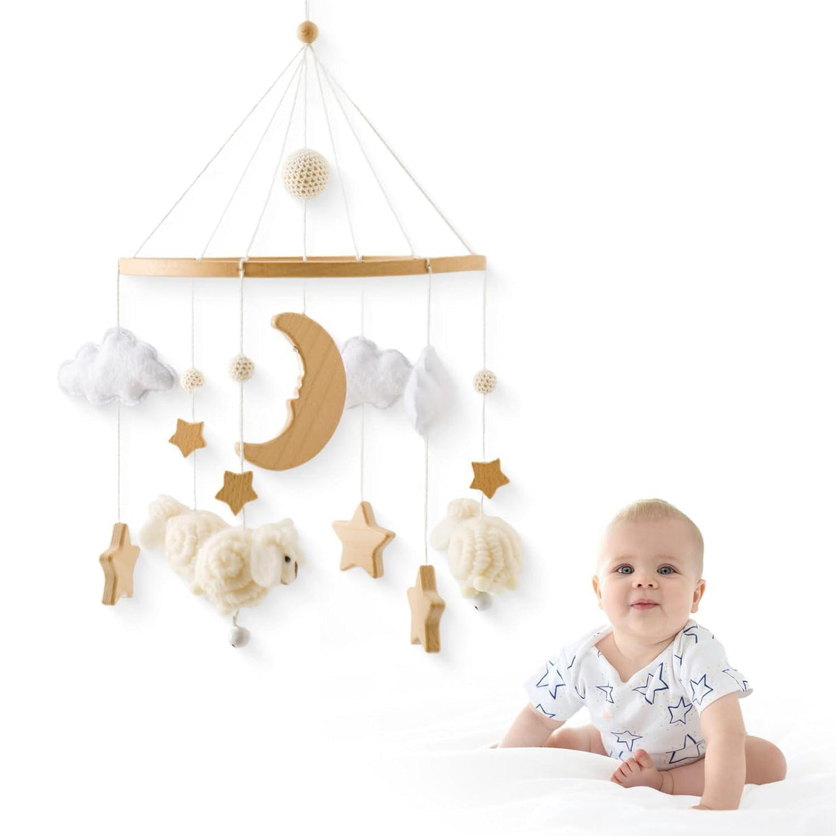 Holz Baby Mobile Schaf Sterne Wolken Mobile für Babyzimmer