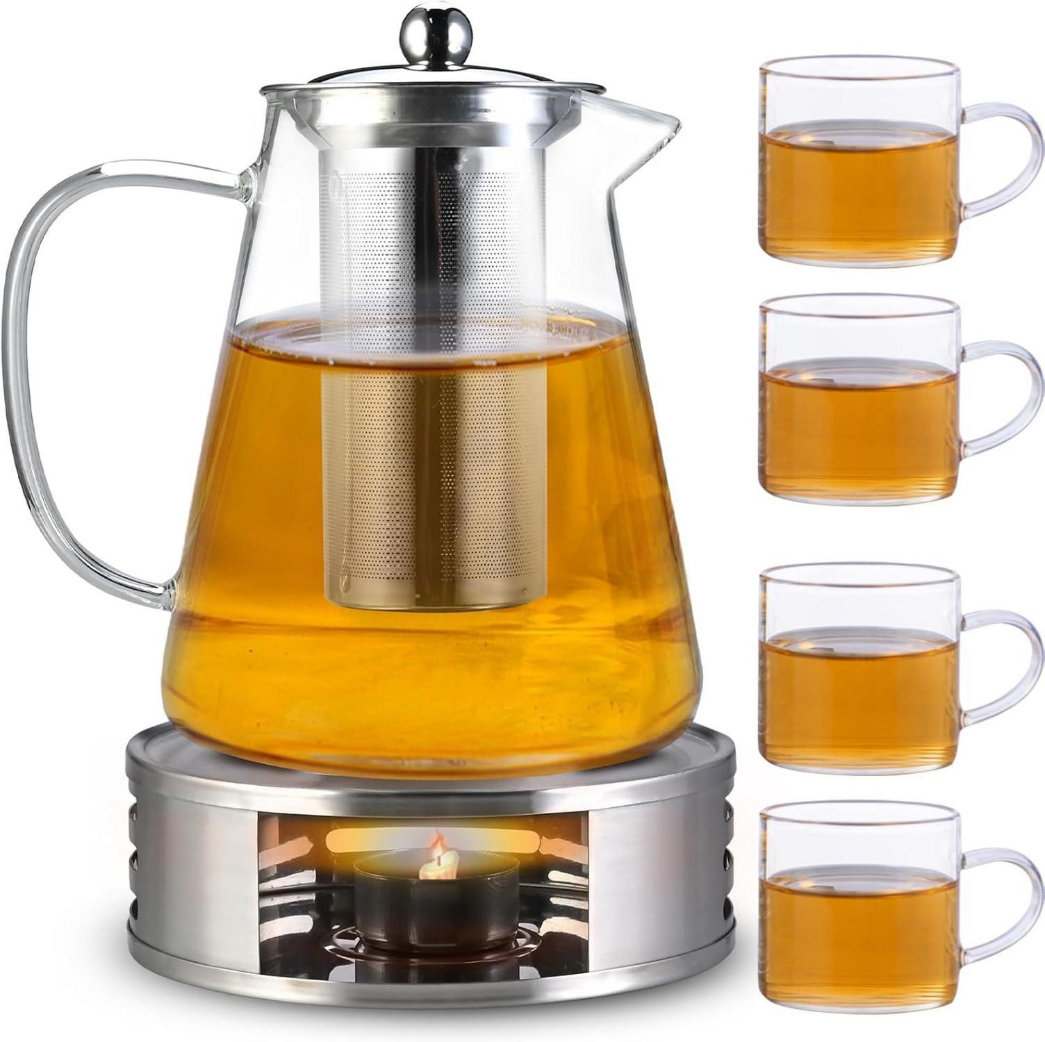 Teekanne mit Siebeinsatz und Stövchen, Borosilikatglas 1200 ml + 4