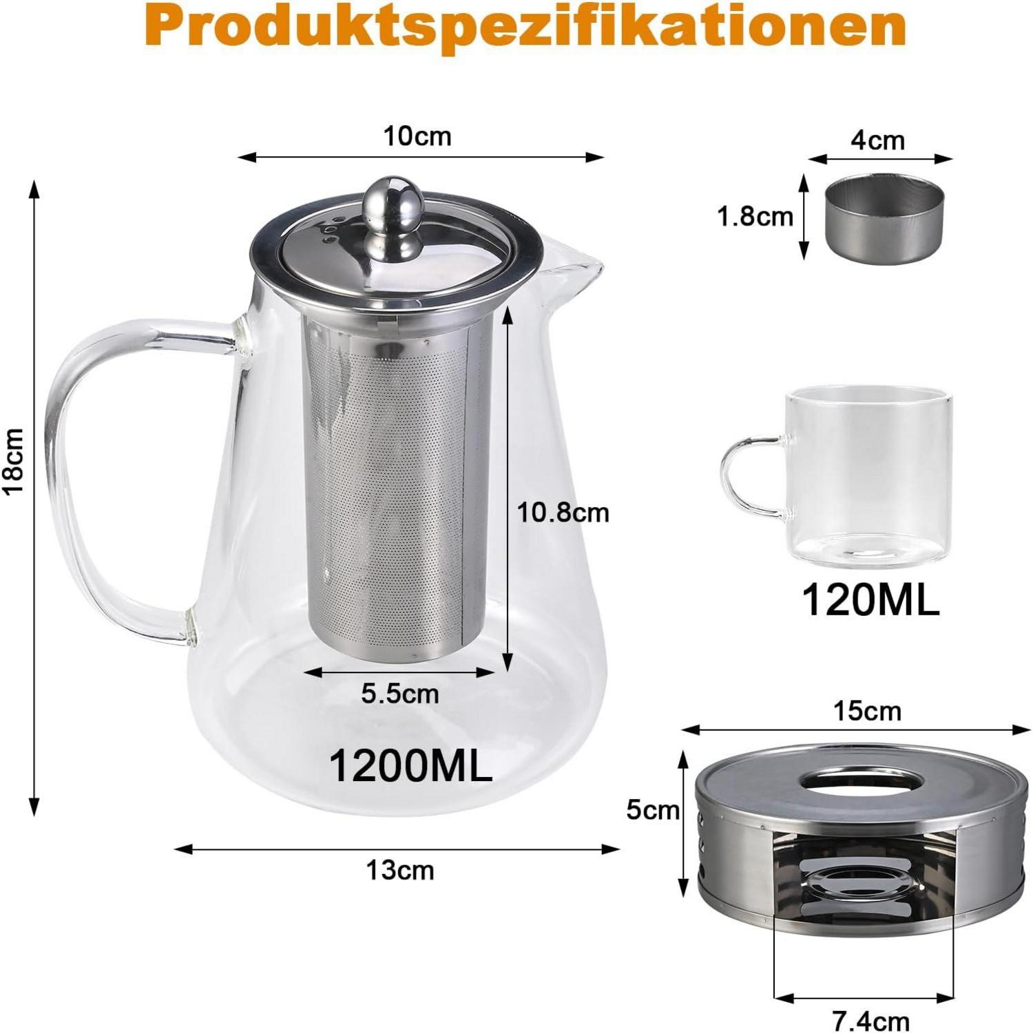 Teekanne mit Siebeinsatz und Stövchen, Borosilikatglas 1200 ml + 4