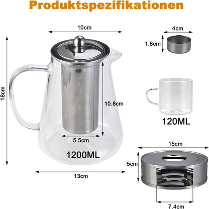 Teekanne mit Siebeinsatz und Stövchen, Borosilikatglas 1200 ml + 4