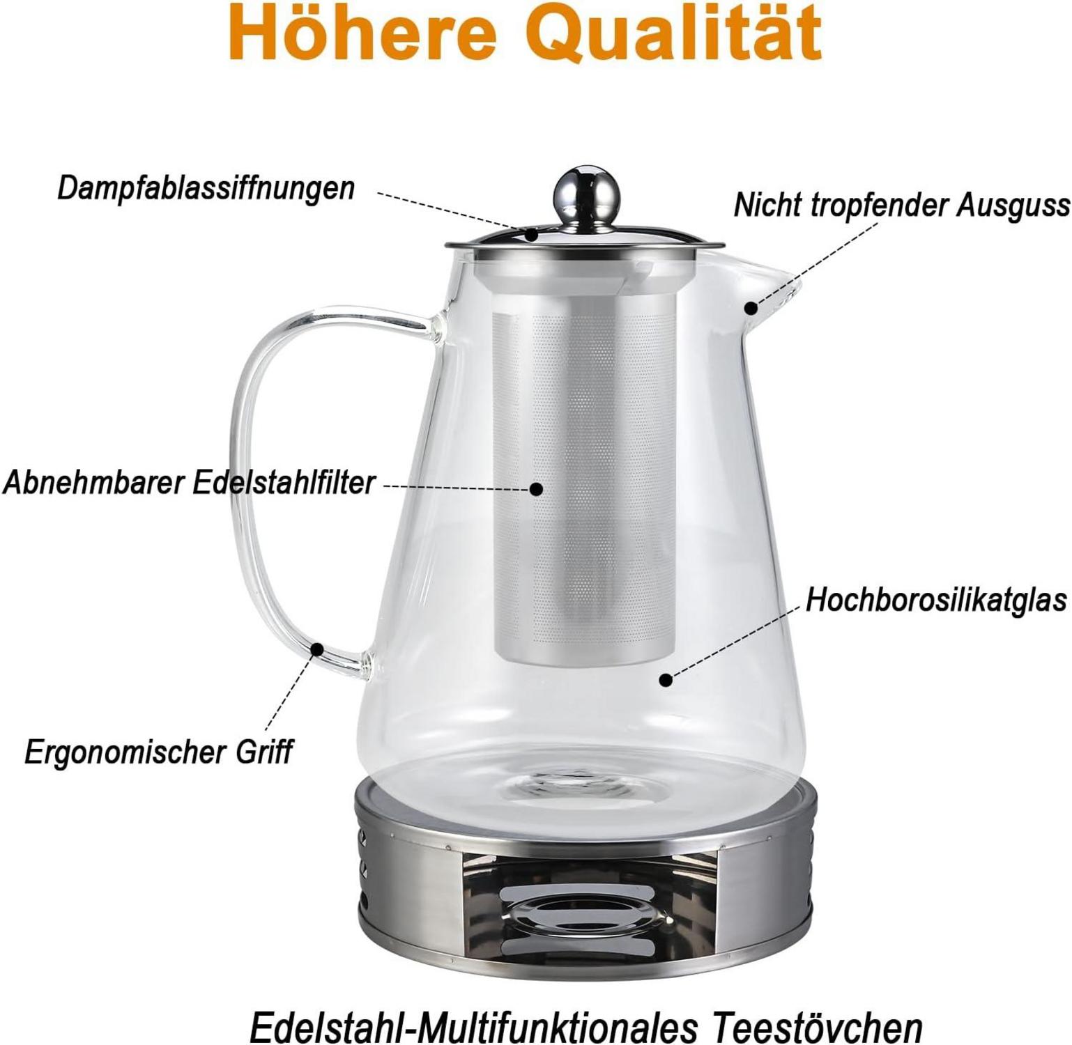 Cieex Teekanne mit Siebeinsatz und Stövchen Borosilikatglas 1200 ml + 4 * 120 ml Teetasse