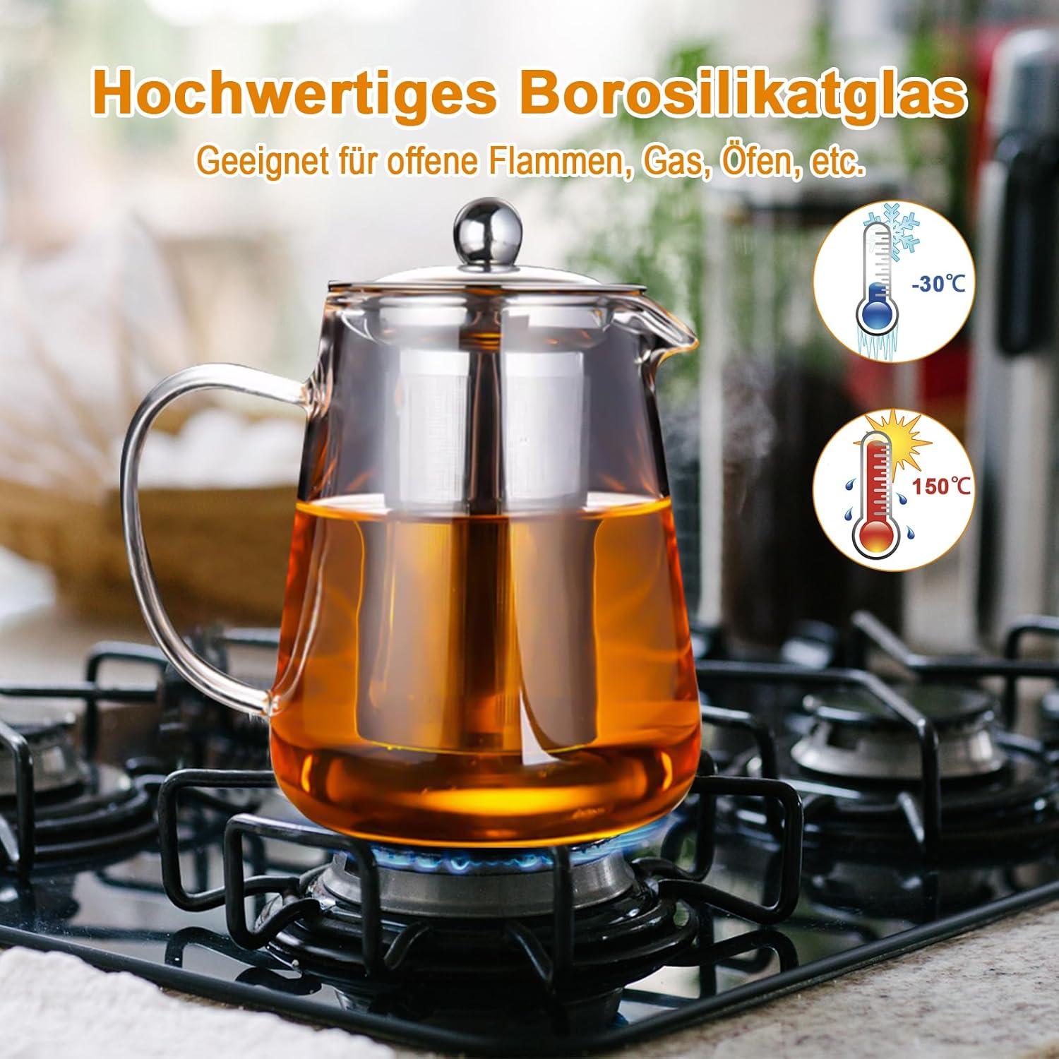 Teekanne Glas mit Siebeinsatz Stövchen Borosilikatglas Schwarzen