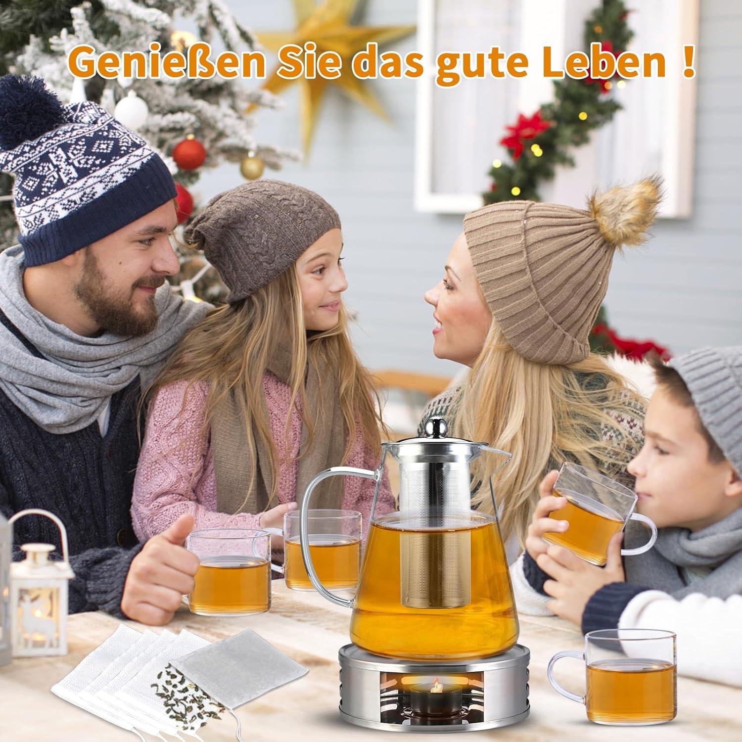 Teekanne Glas mit Sieb Stövchen 1200ml + 4x120ml Teetasse Schawrzer Grüner Tee