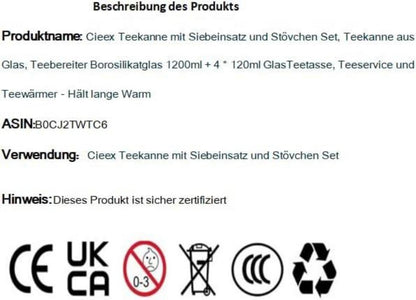 Cieex Teekanne mit Siebeinsatz und Stövchen Borosilikatglas 1200 ml + 4 * 120 ml Teetasse