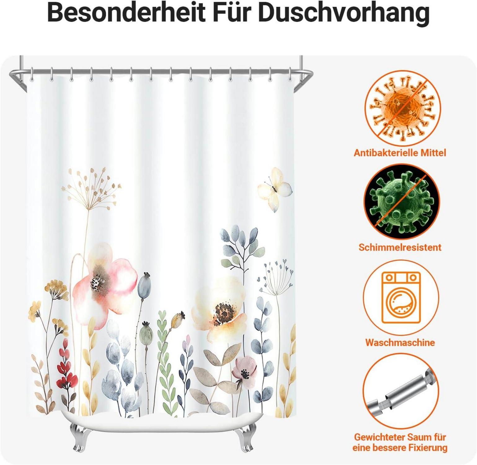 Duschvorhang 150x200cm Blumen Pflanze Textil Beschwerter Saum Antischimmel