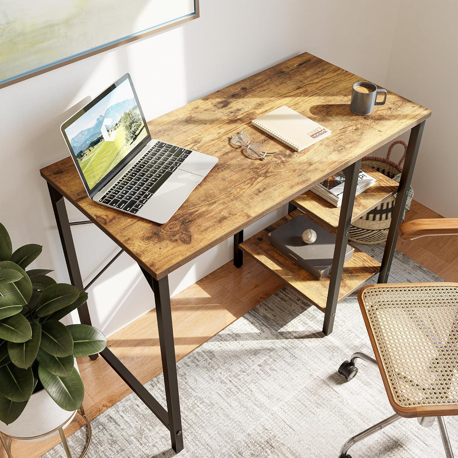 Schreibtisch mit 2 Ablagen, 90 x 48 cm, Stahlgestell, Vintagebraun