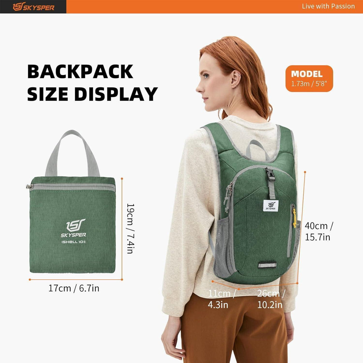 Faltbarer Tagesrucksack 10L für Wandern & Reisen, Grün