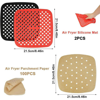 100x Backpapier für Heißluftfritteuse 21,5cm + 2 Silikonmatten