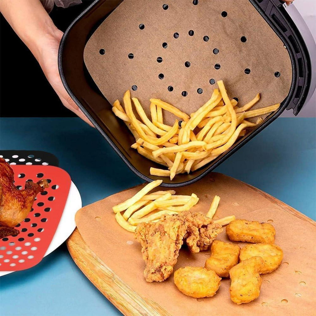 100x Backpapier für Heißluftfritteuse 21,5cm + 2 Silikonmatten
