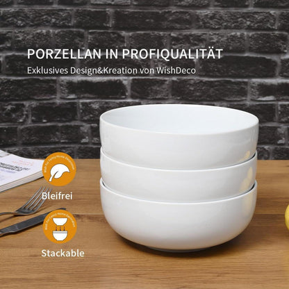 WishDeco Salatschüssel Set Porzellan Weiß 3er - 1100ml Müslischale Suppenschale