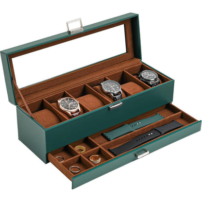 ProCase Uhrenbox mit 6 Fächern und Schublade, Grün