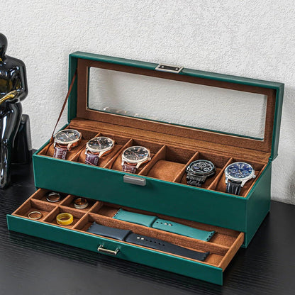 ProCase Uhrenbox mit 6 Fächern und Schublade, Grün