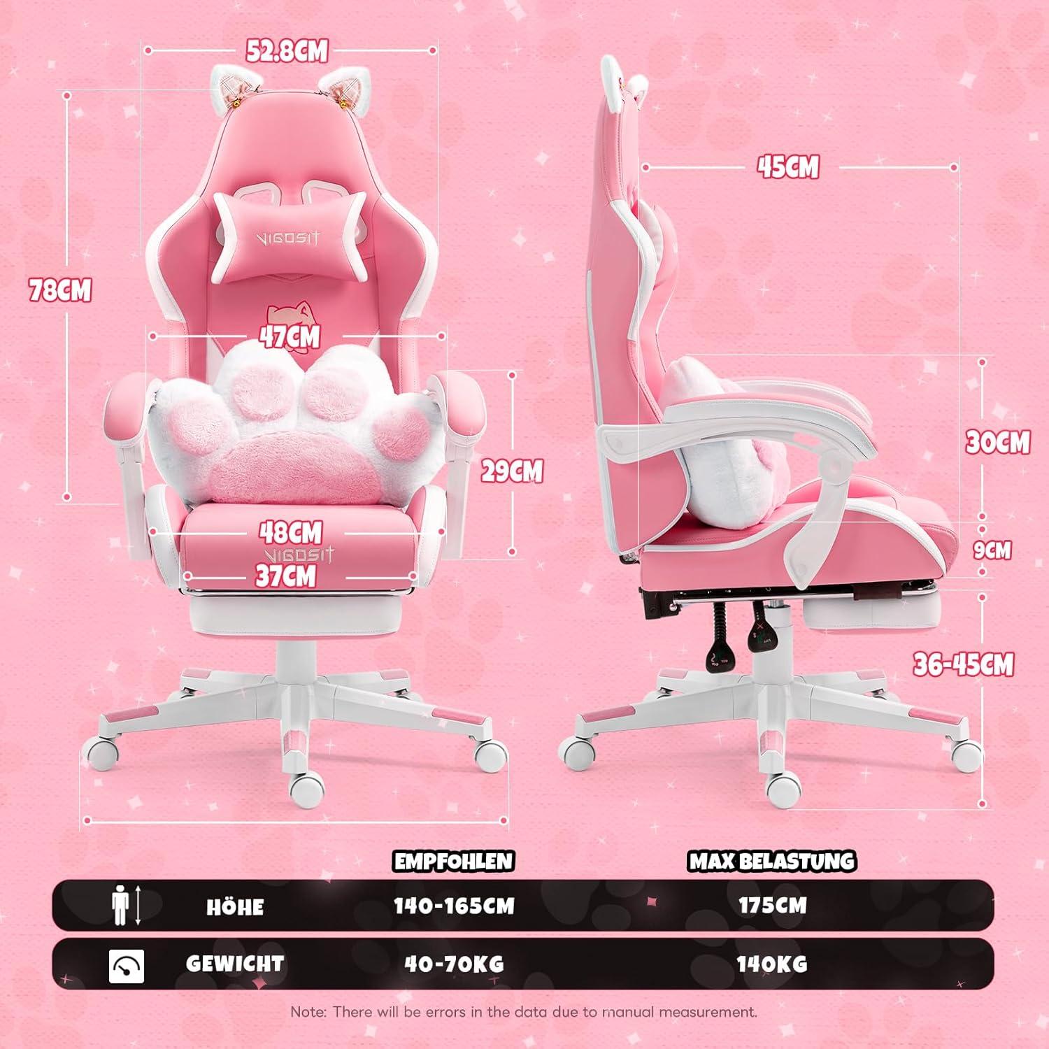 Cute Gaming Stuhl mit Katzenohren und Lendenkissen, Pink