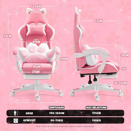 Cute Gaming Stuhl mit Katzenohren und Lendenkissen, Pink