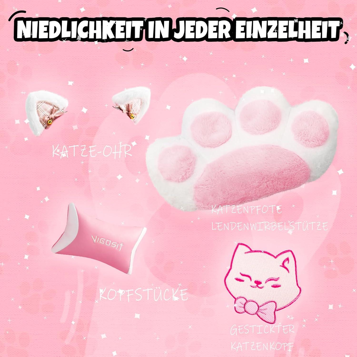 Ergonomischer Gaming Stuhl mit Katzenohren und Lendenkissen