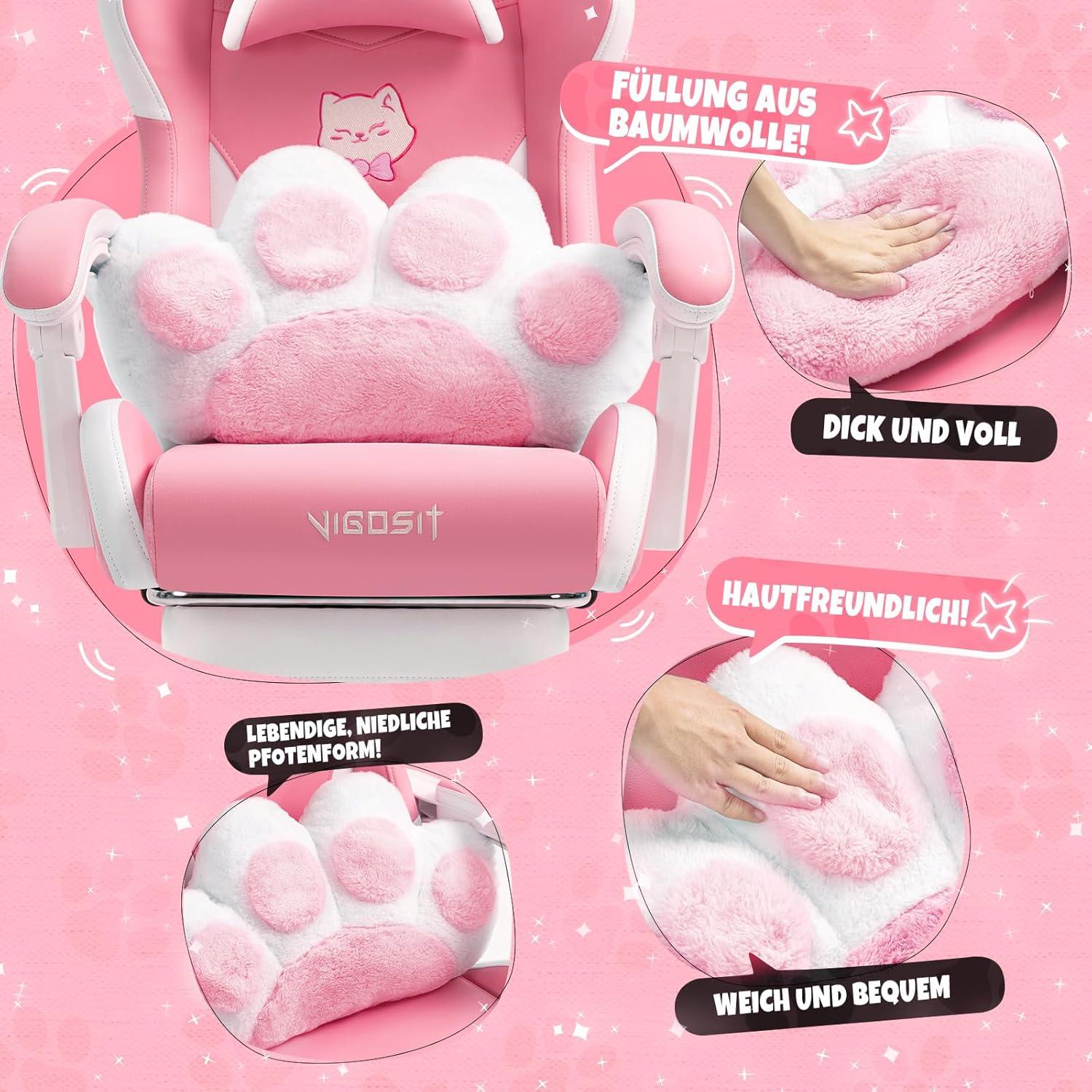 Cute Gaming Stuhl mit Katzenpfote Lendenkissen und Katzenohren, Ergonomischer Gamer Stuhl, Verstellbarer PC-Spielesessel in Pink