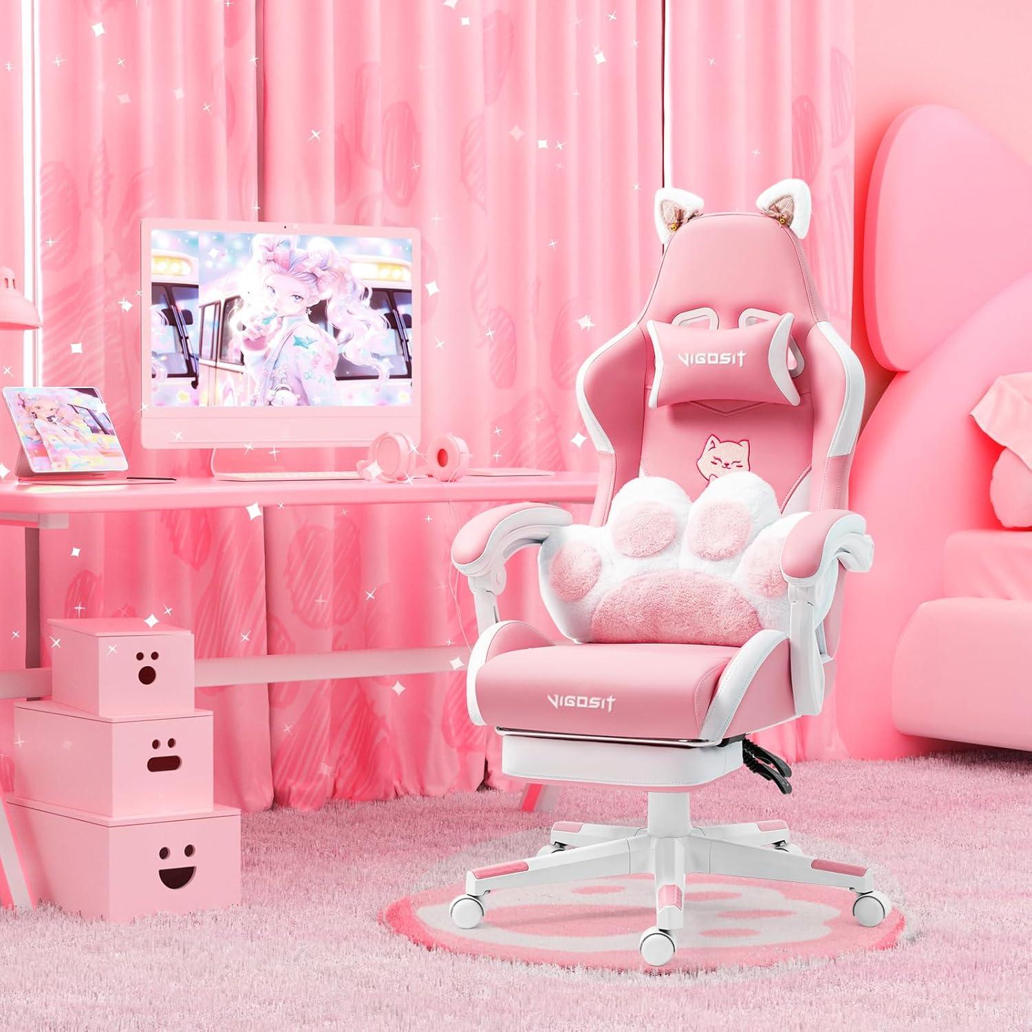 Rosa Gaming Stuhl mit Katzenohren und Katzenpfote Lendenkissen, Mädchen Teenager