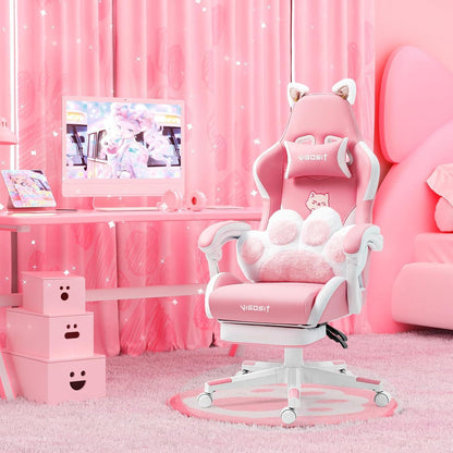 Rosa Gaming Stuhl mit Katzenohren und Katzenpfote Lendenkissen, Mädchen Teenager