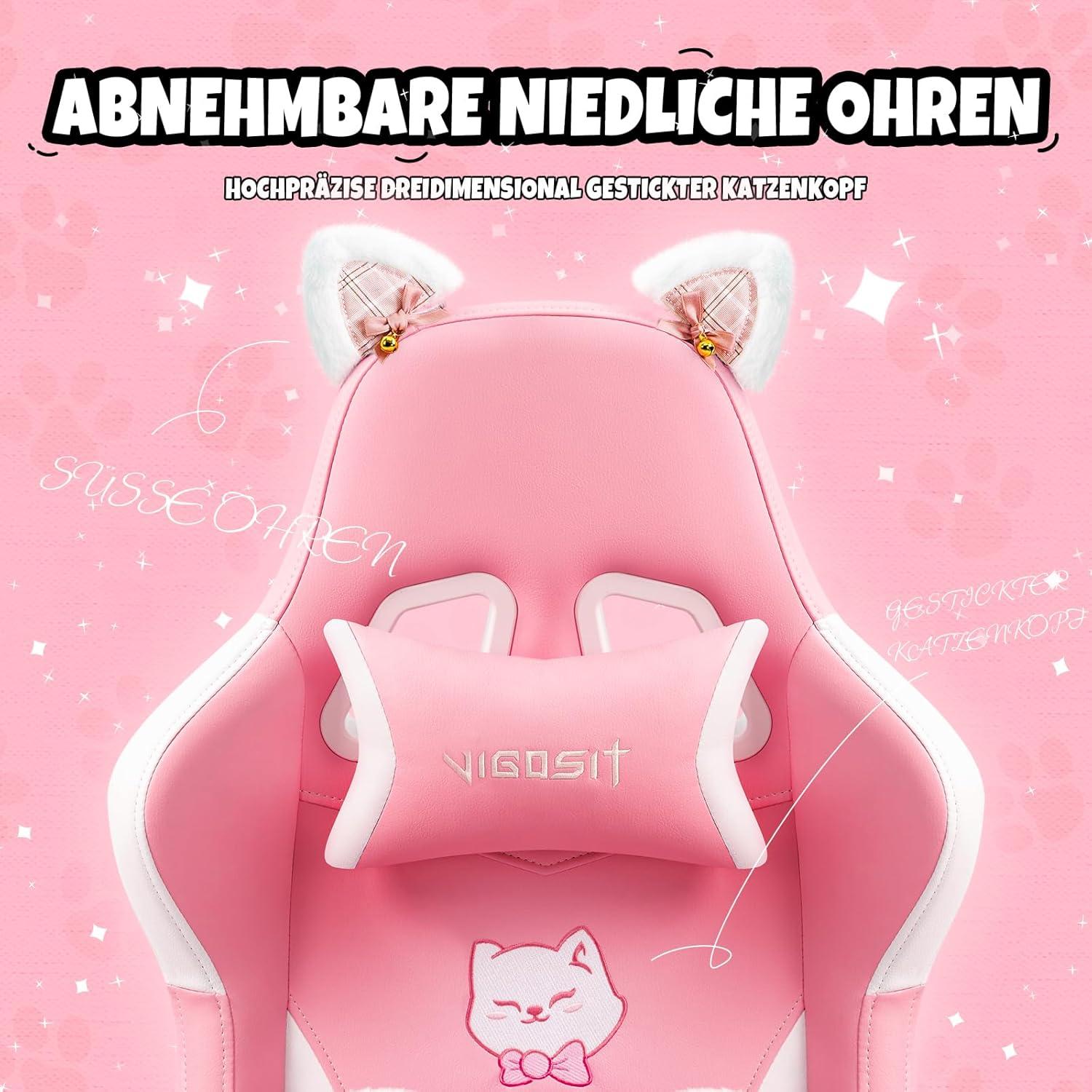 Rosa Gaming Stuhl mit Katzenohren und Katzenpfote Lendenkissen, Mädchen Teenager