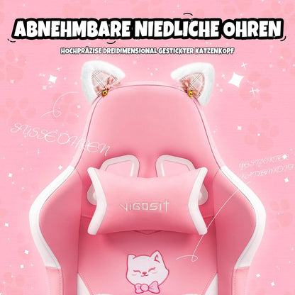 Rosa Gaming Stuhl mit Katzenohren und Katzenpfote Lendenkissen, Mädchen Teenager